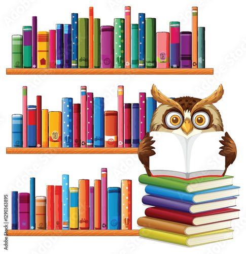 Wise Owl Reading Among Colorful Books
