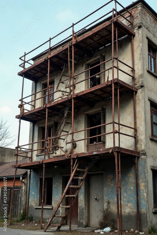 Rusting scaffolding clings to a derelict apartment building , steel scaffolding, city, decay Rusting scaffolding clings to a derelict apartment building , steel scaffolding, city, decay