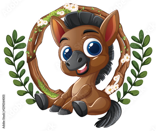 Cute Cartoon Donkey with Floral Wreath