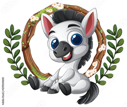 Cute Cartoon Zebra with Floral Wreath
