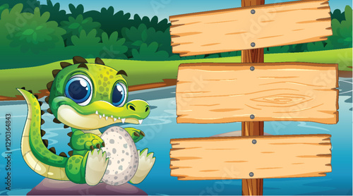 Cute Crocodile with Wooden Sign