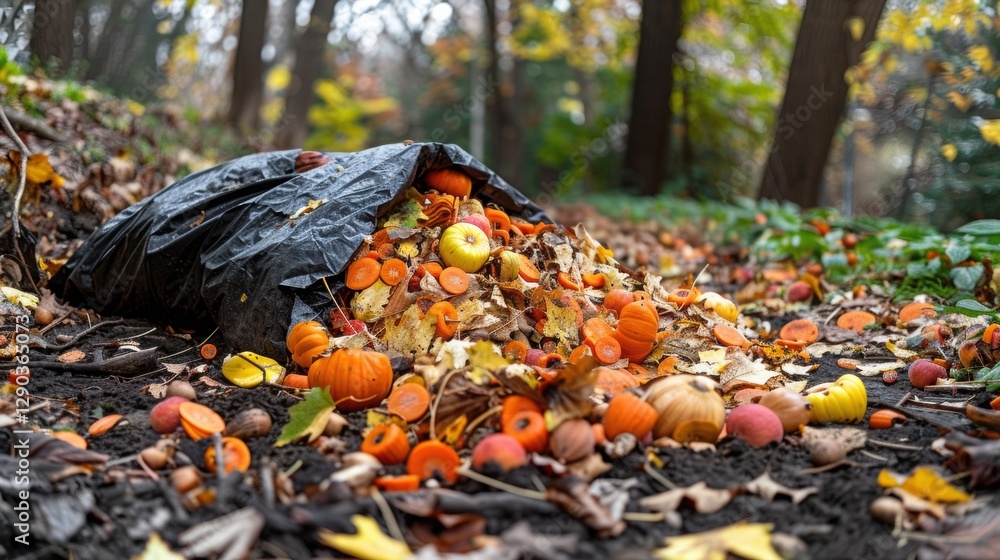 Colorful Autumn Leaves and Pumpkins Piled from a Black Trash Bag