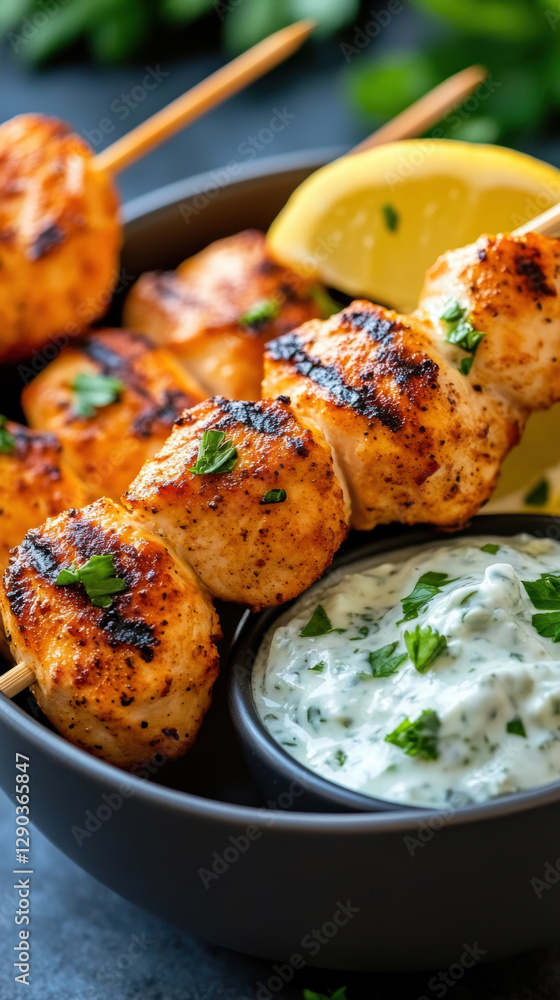 Fototapeta premium Greek-style chicken with tzaziki sauce. AI generative.