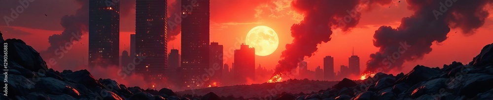 Obraz premium Charred skyscrapers, undead surge through debris , world, survival, fire