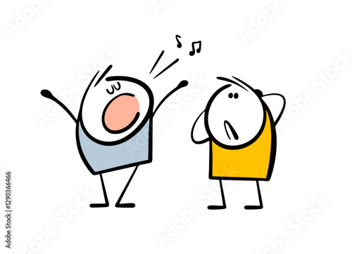 Happy man sings a song loudly. Vector illustration of a friend suffering from a nasty voice and unpleasant music. Isolated cartoon character on white background.