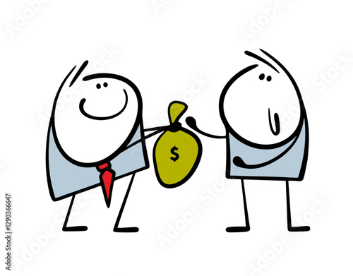 Sneaky banker gives a loan to a poor man. Vector illustration of a businessman sharing money,  green bag with cash dollars. Isolated cartoon character on white background.