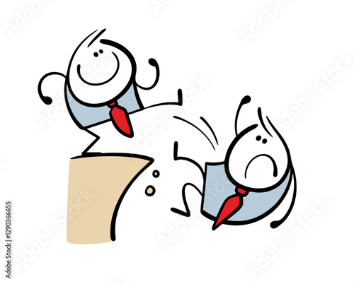 Cunning businessman pushed a naive competitor into the abyss Vector illustration a sneaky man destroyed a partner or colleague, career growth and a lucrative contract.