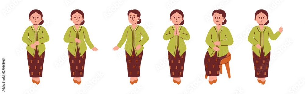 Asian Woman Wear Traditional Kebaya Attire with Various Poses Asian Woman Wear Traditional Kebaya Attire with Various Poses