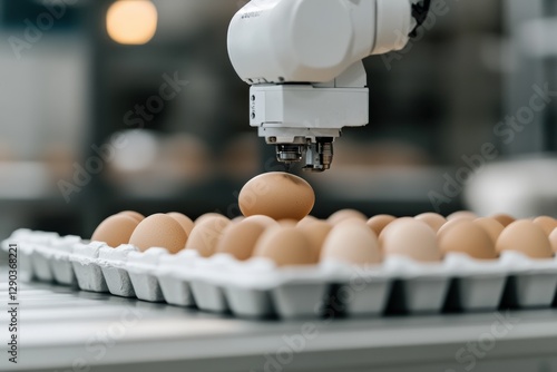 Advanced robotic technology automates egg sorting process, enhancing efficiency and precision in modern food processing and packaging industry. photo