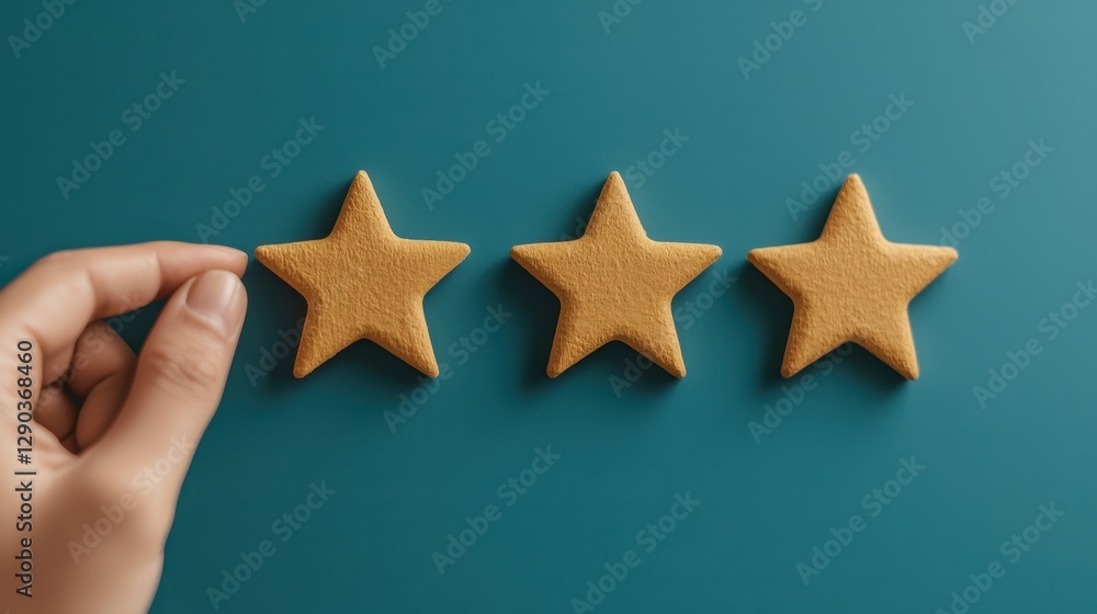 Hand Placing Orange Star Shape on Teal Background for Rating or Review Concept Hand Placing Orange Star Shape on Teal Background for Rating or Review Concept