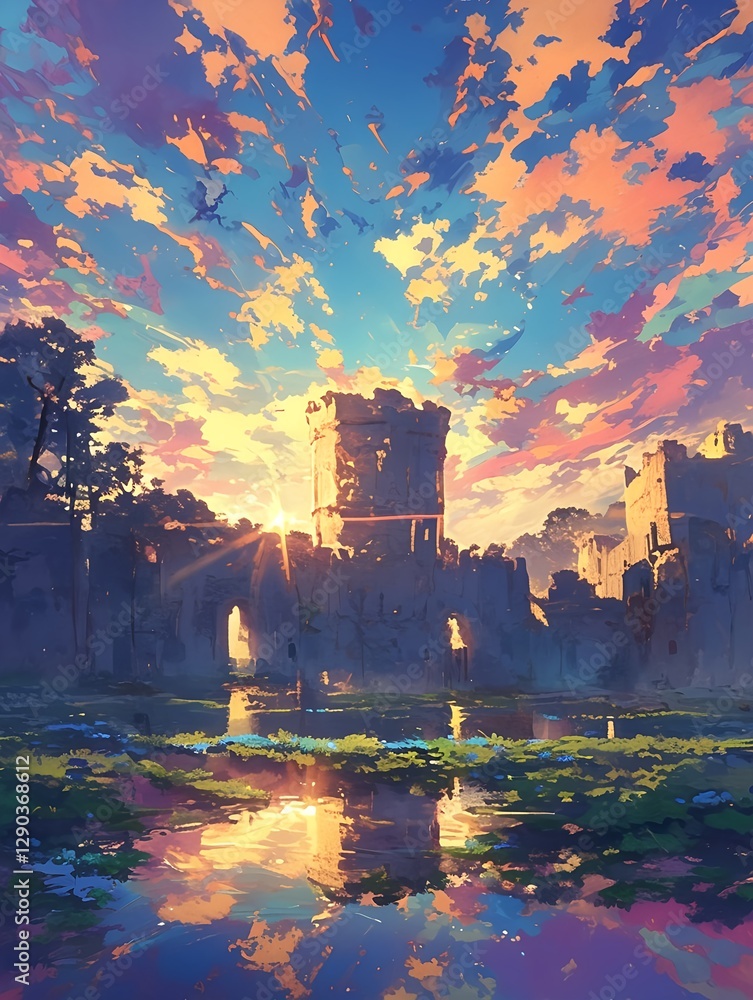 The golden glow of the ancient walls in anime style and the sunrise over the fortress reflected in the calm sea The golden glow of the ancient walls in anime style and the sunrise over the fortress reflected in the calm sea