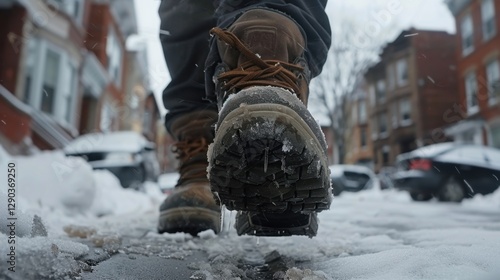 Slippery Sidewalks: Sidewalks wet from rain or snowmelt, often becoming slick and dangerous, requiring attention and slow, careful steps to avoid slipping.

