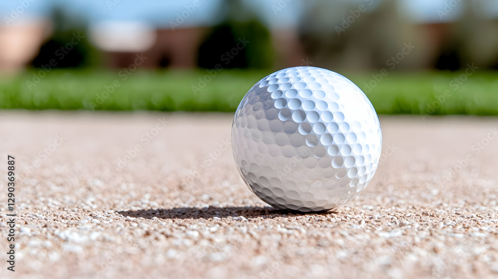 Golf ball in bunker, sunny day, course background Golf ball in bunker, sunny day, course background