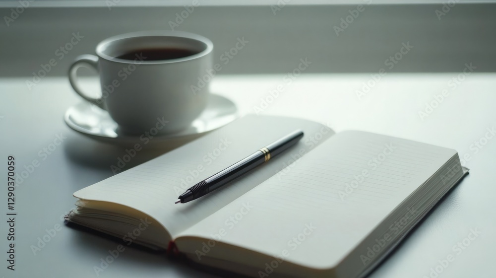 Blank open notebook with a pen and a cup of coffee on a white desk Blank open notebook with a pen and a cup of coffee on a white desk