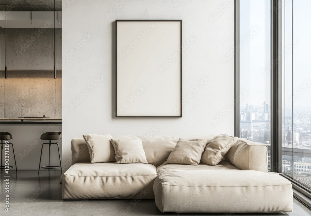 Fototapeta premium Modern living room with beige sectional sofa, blank poster, and city view.