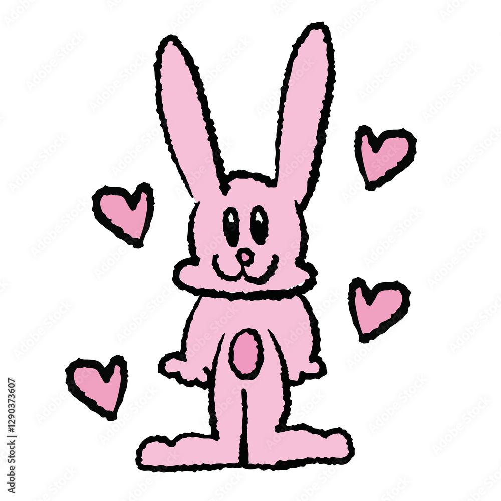 Obraz premium Hand drawn crayon illustrations of pink bunny with hearts for cartoon characters, comic, mascot, cute patch, rabbit drawing, animal, pet shop, vet, sticker, happy easter, zoo, souvenir shop, logo