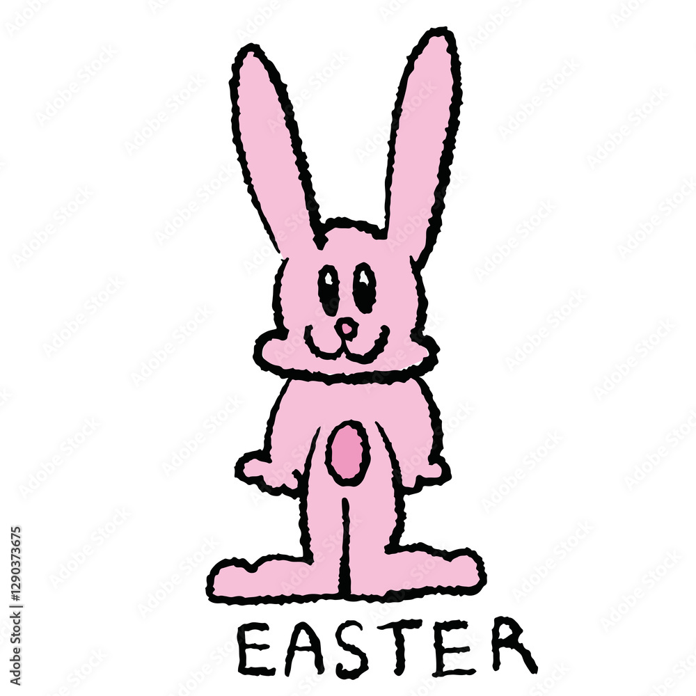 Obraz premium Hand drawn crayon illustrations of happy pink bunny with EASTER letters for cartoon characters, comic, mascot, cute patch, rabbit drawing, animal, pet shop, vet, sticker, zoo, souvenir shop, font
