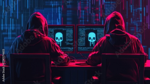 Two Figures in Hoodies Working with Monitors Displaying Skull Symbols in a Dark Cyber Environment