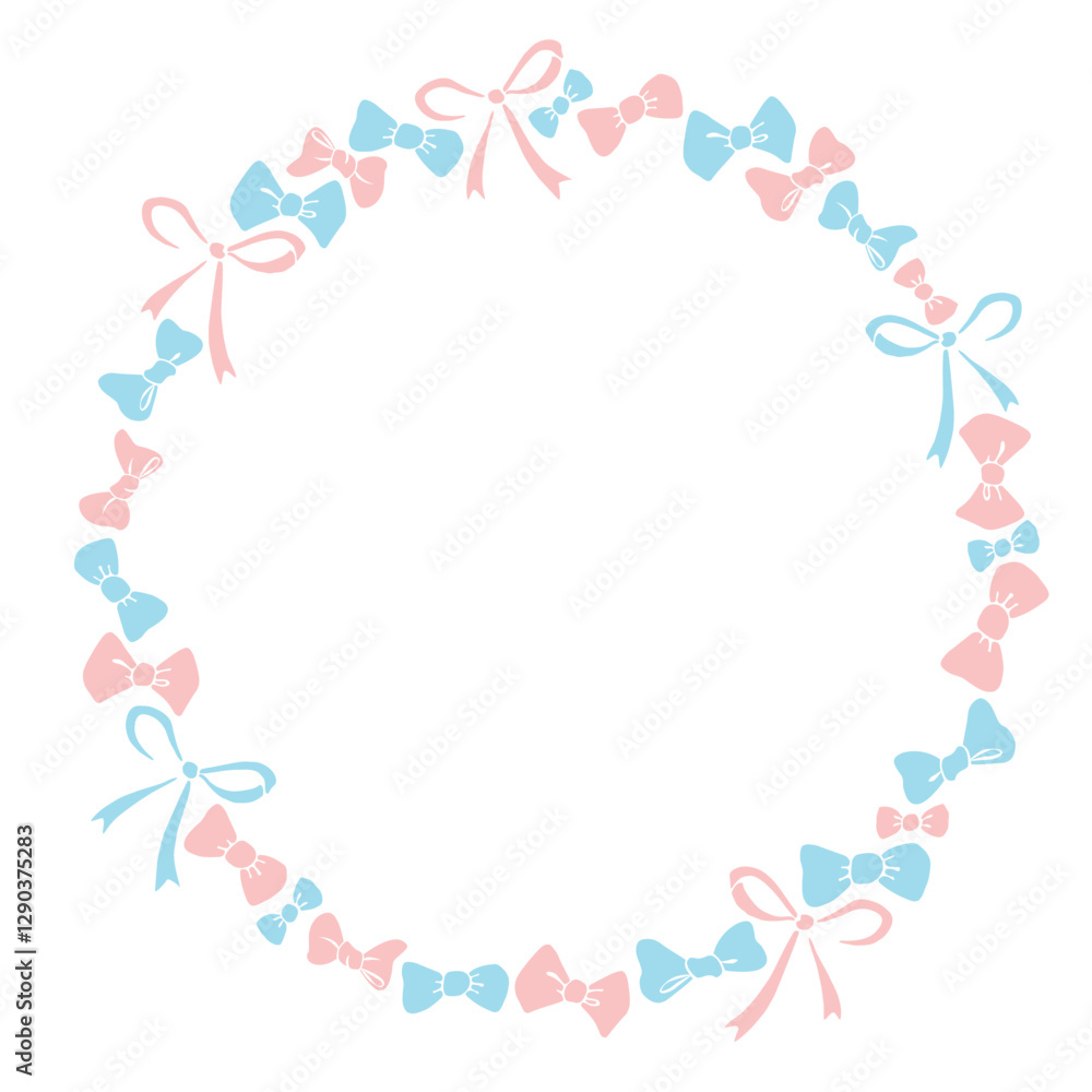 Vector frame, border, wreath from blue pink bows, ribbons. Simple background, decoration in flat style for girls design, holidays. Gender party Vector frame, border, wreath from blue pink bows, ribbons. Simple background, decoration in flat style for girls design, holidays. Gender party