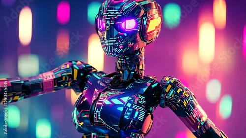 Cybernetic robot gogo girl showcasing vibrant colors in a futuristic setting, Cybernetic robot go-go girl with shining colorful skin dancing in neon light in a club