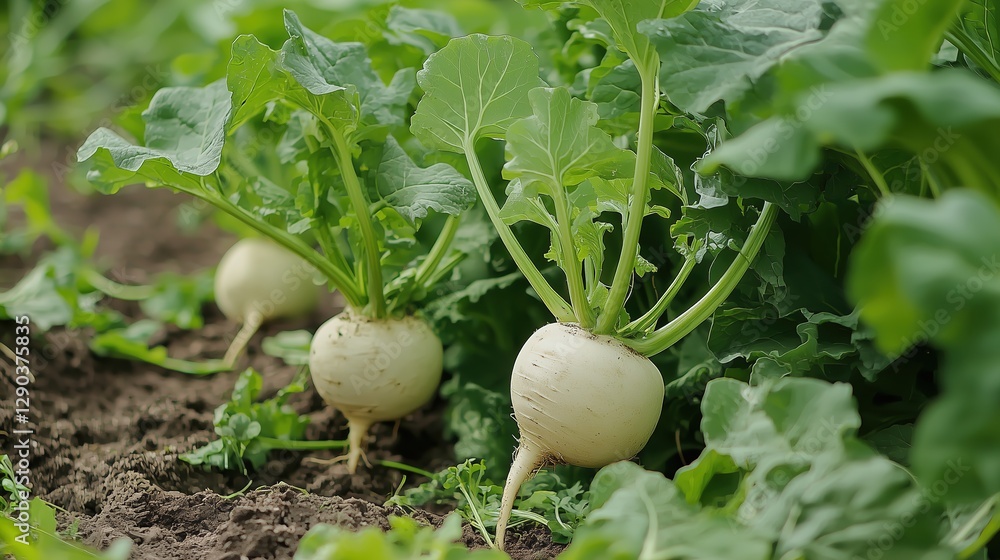 Fototapeta premium Two white turnips growing in the ground, surrounded by green leaves, ready for harvest