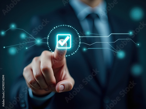 Close-up shot of a businessman's finger interacting with a futuristic virtual interface and is clicking on a glowing checkbox with a check mark accompanied by digital particle effects. The background 