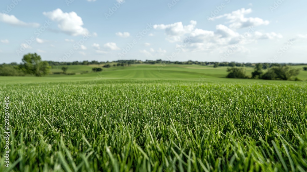 Fototapeta premium Lush green field under a partly cloudy sky. Possible use showcasing a beautiful landscape