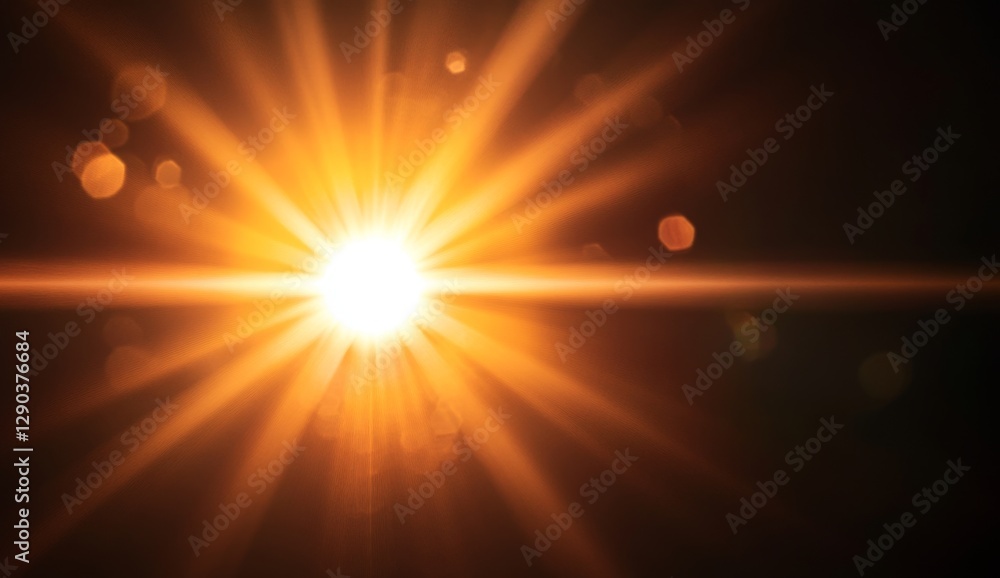 Obraz premium Intense sunburst lens flare, dark background, bokeh effect, graphic design element