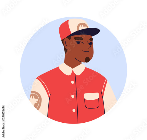 Black man portrait. Male avatar with baseball cap, jacket. African-American hip-hop artist in street style apparel, user profile in circle. Flat vector illustration isolated on white background