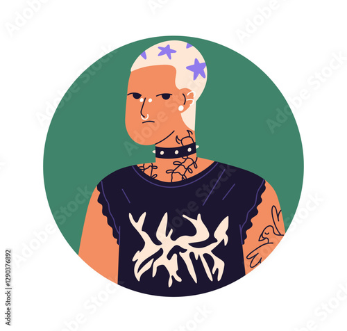 Man avatar. Young punk person, head portrait in circle. Male face, user profile, tattoos, piercing, spiked choker, accessories in rock style. Flat vector illustration isolated on white background