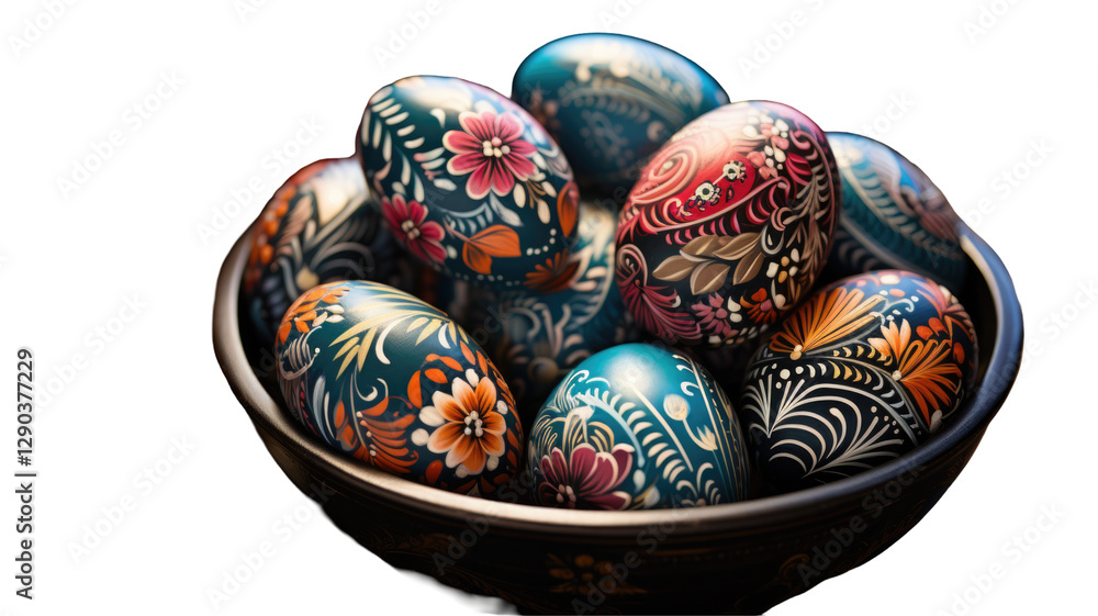 Fototapeta premium 3D Floral Painted Easter Eggs Bowl Element Isolated on Png Surface.