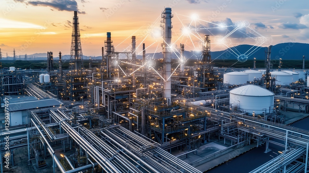 Smart oil refinery plant using automation for efficiency and optimization at sunset Smart oil refinery plant using automation for efficiency and optimization at sunset