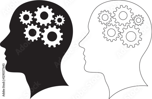 Human head gears tech logo, Cogwheel engineering technological inside brain, Artificial intelligence, Simple flat design icon symbol, Isolated on white