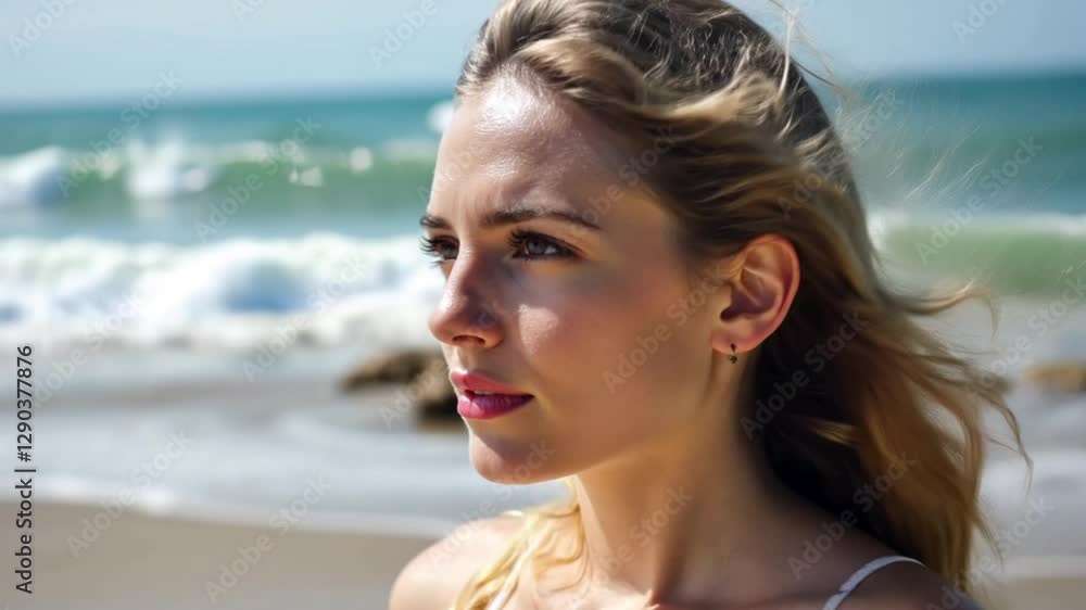 Young woman with eyes closed enjoying the air and sea on a sunny day Young woman with eyes closed enjoying the air and sea on a sunny day