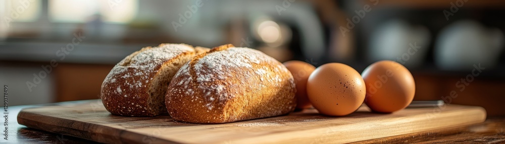 Freshly Baked Bread Accompanies Perfectly Cooked Eggs on Wooden Board Freshly Baked Bread Accompanies Perfectly Cooked Eggs on Wooden Board