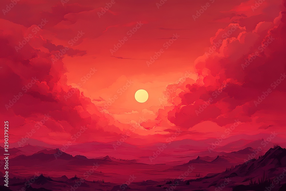 Fototapeta premium Fiery Sunset Inferno: Dramatic Red Sky, Dark Clouds, Intense Colors, Apocalyptic Atmosphere, Nature's Wrath, Crimson Hues, Evening Sky, Threatening Cloudscape, Atmospheric Phenomenon, Weather Event,