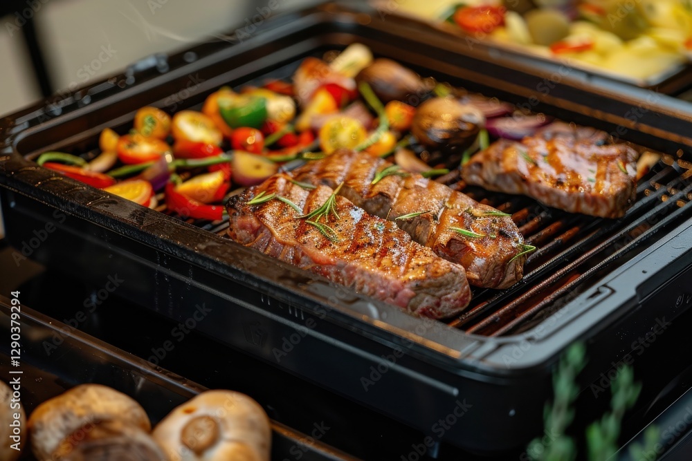 Grilled steaks and vegetables on a barbecue in a backyard during summer Grilled steaks and vegetables on a barbecue in a backyard during summer