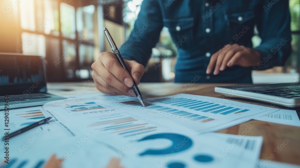 Business Professional Analyzing Charts and Data in Modern Office Business Professional Analyzing Charts and Data in Modern Office