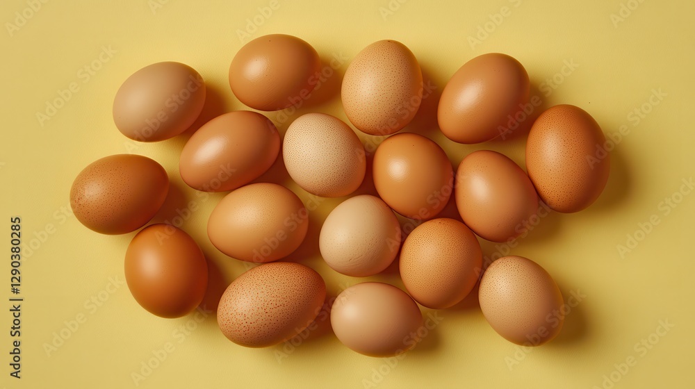 Scattered Eggs on Vibrant Yellow Background Scattered Eggs on Vibrant Yellow Background