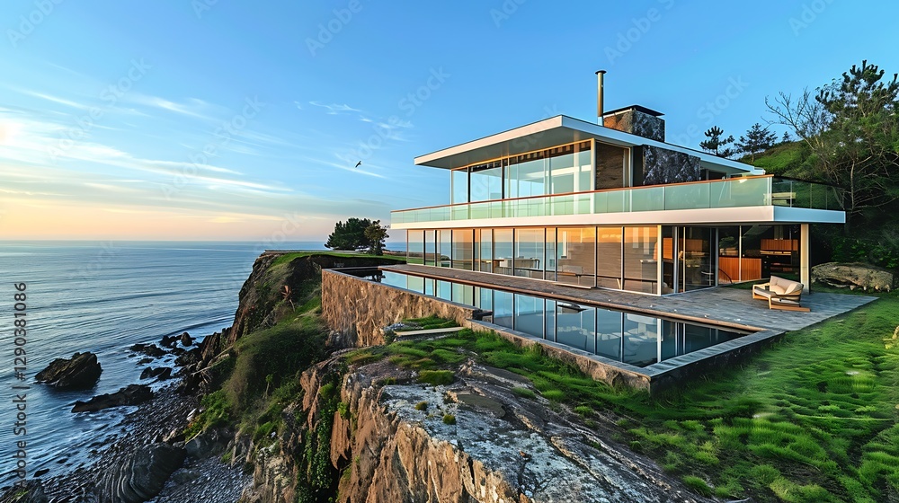 Modern Coastal Home Overlooking Serene Ocean at Sunset with Glass Facade and Scenic Views Modern Coastal Home Overlooking Serene Ocean at Sunset with Glass Facade and Scenic Views