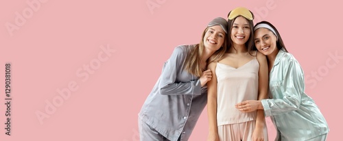 Young women in pajamas hugg...