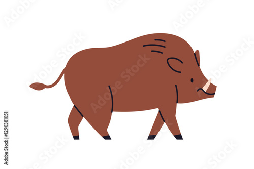 Wild boar walking. Chunky mammal with tusks. Forest pig animal, strong Europe...