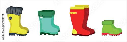 Set of rubber boots in cartoon style. Vector illustration yellow, emerald, red, green insulated boots with non-slip soles isolated on white background. Demi-season shoes.Shoes for adults and children.