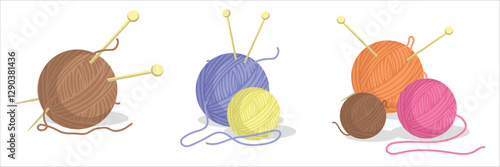 Set of skeins of yarn and knitting needles in cartoon style. Vector illustration of round skeins of yarn threads of different sizes and colors, with knitting needles isolated on white background.