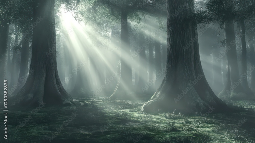 A mystical foggy forest with ancient, towering trees, sunlight filtering through the mist, and a carpet of moss covering the ground A mystical foggy forest with ancient, towering trees, sunlight filtering through the mist, and a carpet of moss covering the ground