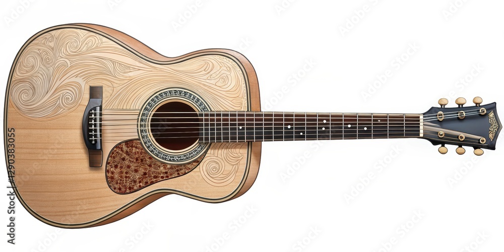 Obraz premium Detailed drawing of an acoustic guitar with intricate details on the body and neck, acoustic instruments