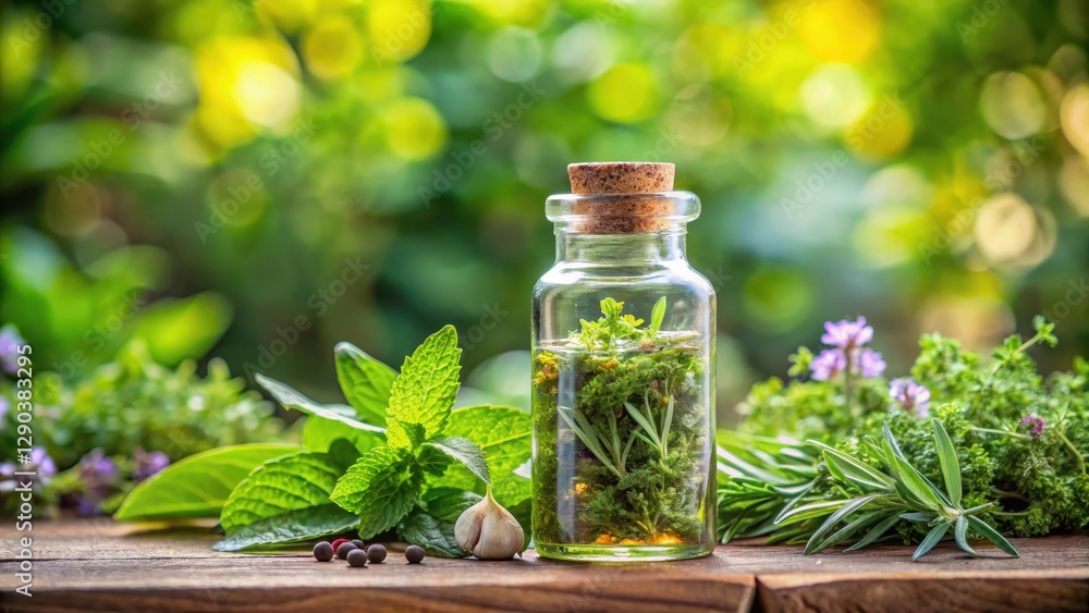 Aromatic blend of herbs in a glass bottle , essential oils, scented oil, essential oils Aromatic blend of herbs in a glass bottle , essential oils, scented oil, essential oils