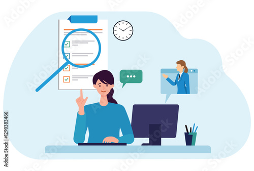 Businesswoman reviewing a checklist with magnifying glass, managing tasks, and attending an online meeting. Concept of productivity, remote work, business analysis, project management, and efficiency.