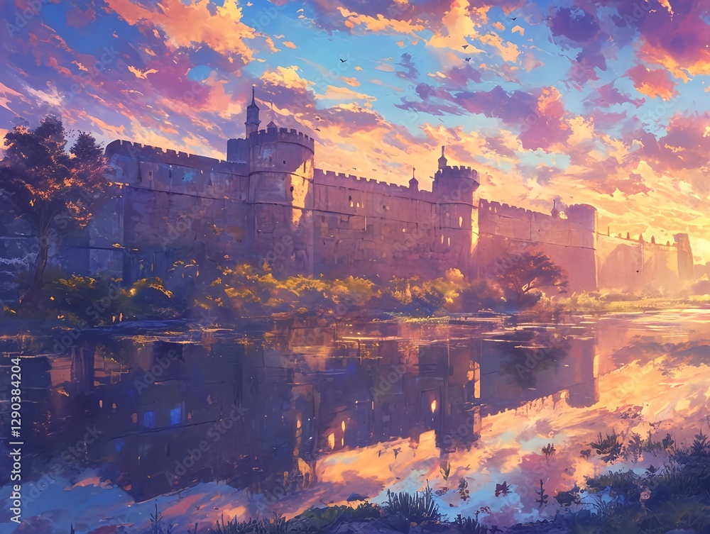 The golden glow of the ancient walls in anime style and the sunrise over the fortress reflected in the calm sea The golden glow of the ancient walls in anime style and the sunrise over the fortress reflected in the calm sea