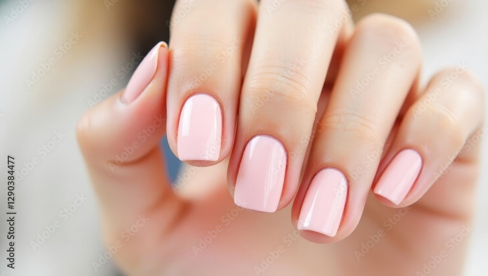 BIAB nails. Woman is holding pink manicure with white top BIAB nails. Woman is holding pink manicure with white top